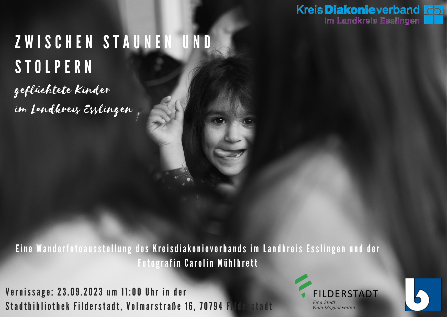 Plakat für die Ausstellung "Zwischen staunen und Stolpern - geflüchtete Kinder im Landkreis Esslingen